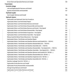 May include: A page from a manual with a list of procedures for machinery repair, including hydrostatic motor and park brake maintenance, and engine removal. The text is black on a white background.