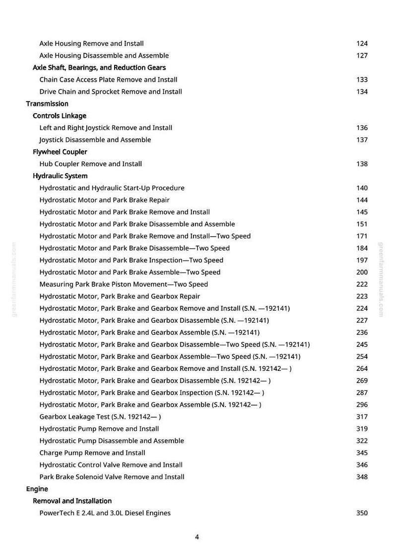 May include: A page from a manual with a list of procedures for machinery repair, including hydrostatic motor and park brake maintenance, and engine removal. The text is black on a white background.