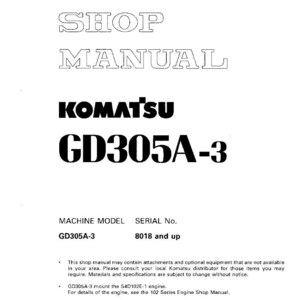 Op de afbeelding: Een witte werkplaatshandleiding met de tekst "SHOP MANUAL" in een vetgedrukte, omlijnde lettertype. Het Komatsu-logo en "GD305A-3" zijn prominent aanwezig. De handleiding bevat informatie over het machinemodel en serienummer.