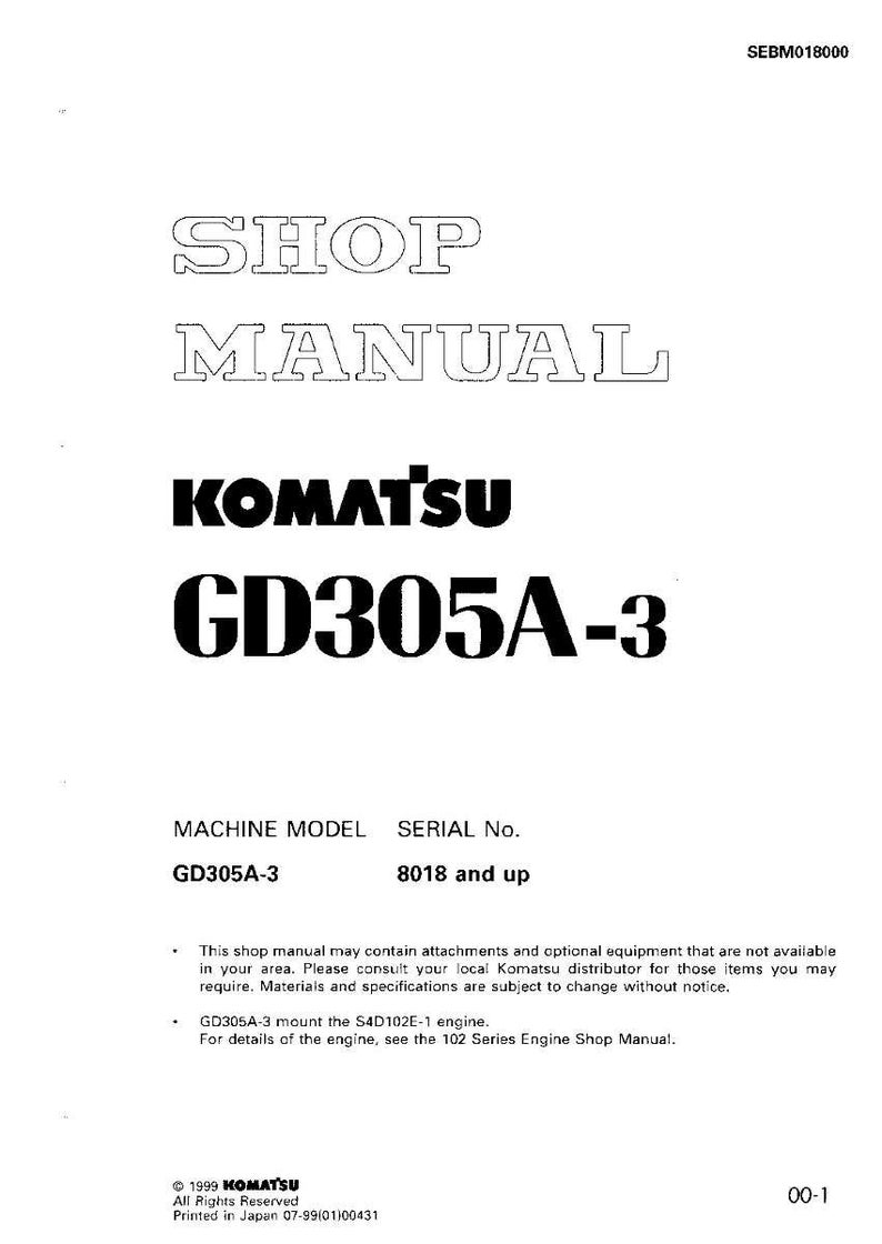 Op de afbeelding: Een witte werkplaatshandleiding met de tekst "SHOP MANUAL" in een vetgedrukte, omlijnde lettertype. Het Komatsu-logo en "GD305A-3" zijn prominent aanwezig. De handleiding bevat informatie over het machinemodel en serienummer.