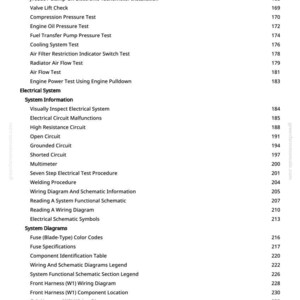 May include: A page from a manual with a white background, featuring a table of contents. It lists automotive tests, electrical system information, and system diagrams. Page numbers are on the right.