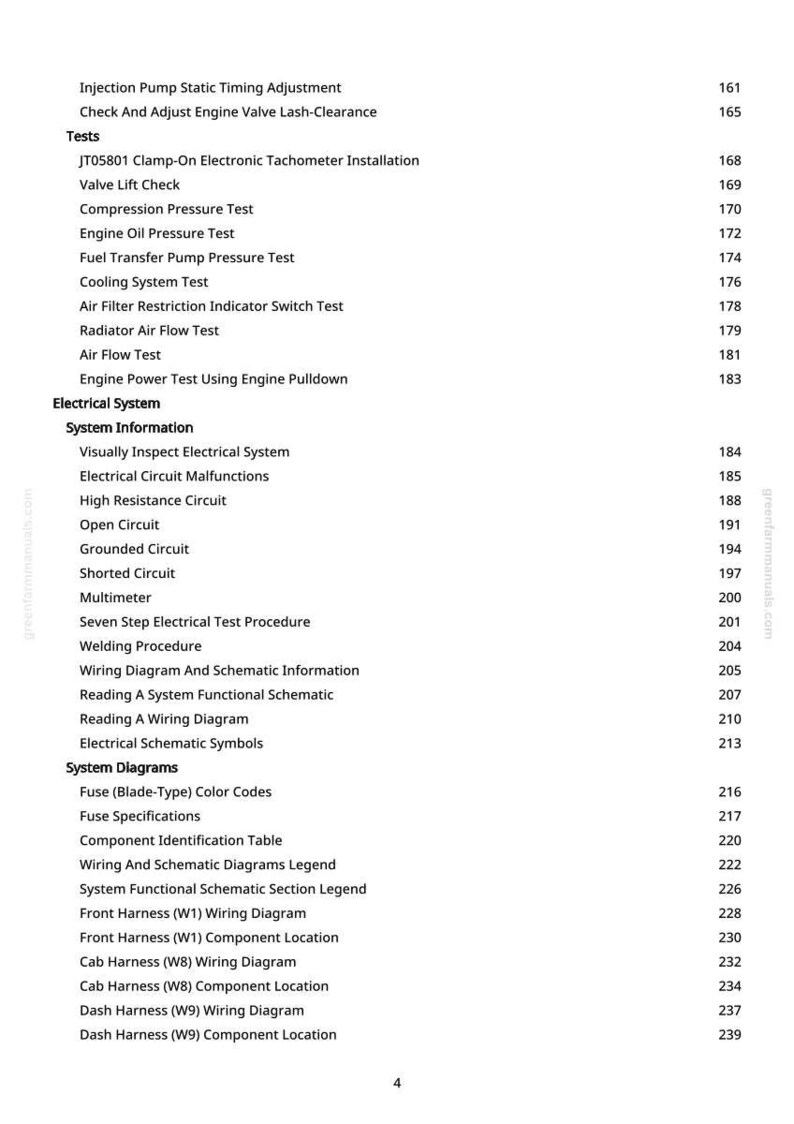 May include: A page from a manual with a white background, featuring a table of contents. It lists automotive tests, electrical system information, and system diagrams. Page numbers are on the right.