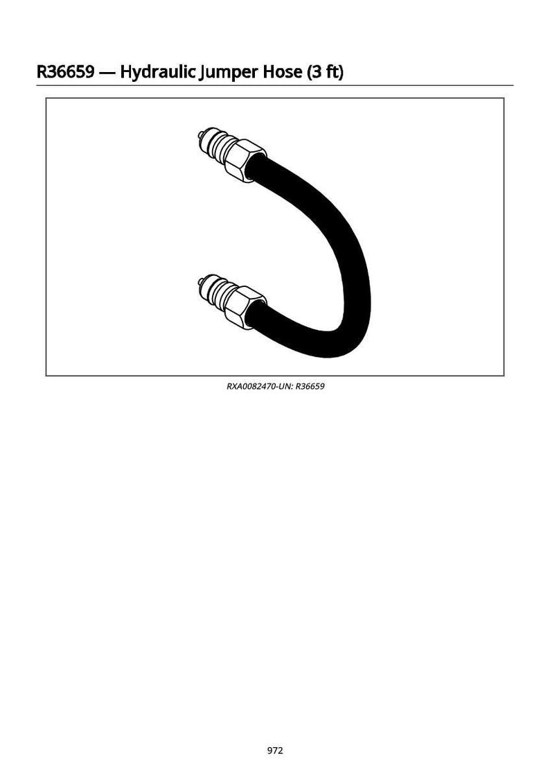 Op de afbeelding: Een zwarte hydraulische overbruggingsslang met metalen fittingen aan beide uiteinden. De tekst "R36659 - Hydraulic Jumper Hose (3 ft)" staat bovenaan de afbeelding. De slang is ongeveer 91 cm lang.