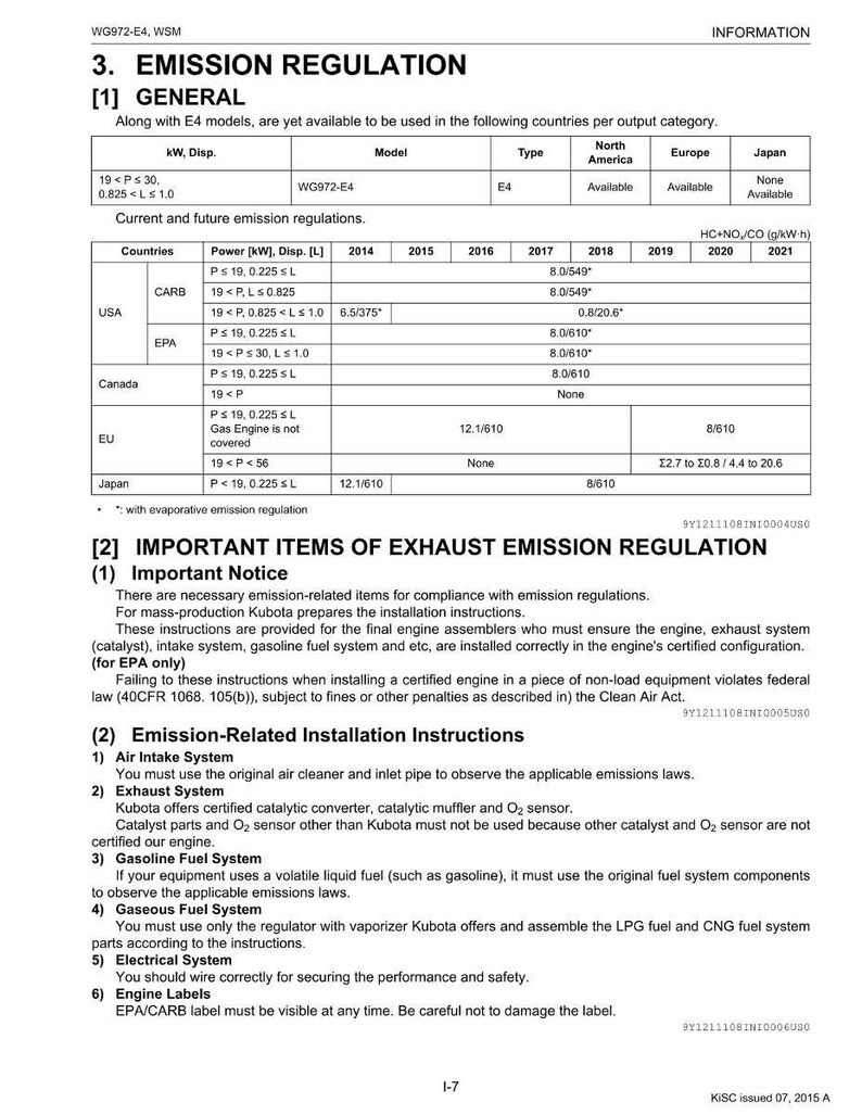 May include: A technical document titled "Emission Regulation" with tables detailing emission standards for various countries, including the USA, Canada, and Japan. The document includes information on engine models, power output, and emission limits.