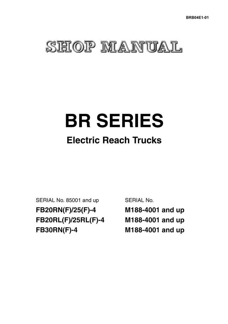 May include: A white page with the text "SHOP MANUAL" at the top, followed by "BR SERIES Electric Reach Trucks." Below are serial numbers and model numbers for the electric reach trucks.