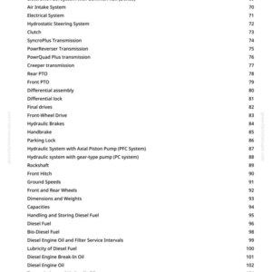 Puede incluir: P&aacute;gina de un manual con una lista de especificaciones, incluidos los sistemas de motor, refrigeraci&oacute;n y el&eacute;ctricos. El texto tambi&eacute;n enumera dimensiones, pesos y tipos de combustible.
