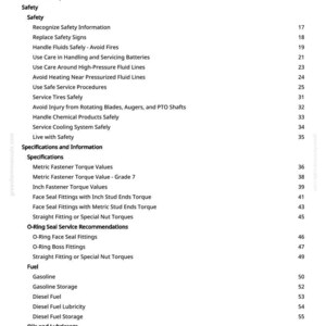May include: A white page titled "Table of Contents" from a manual. The table lists safety topics, specifications, fuel types, and oils. Page numbers are listed on the right side.