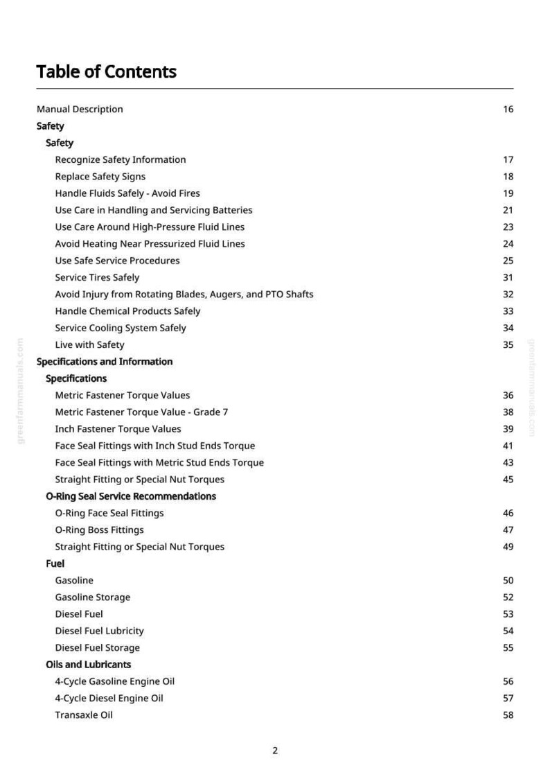 May include: A white page titled "Table of Contents" from a manual. The table lists safety topics, specifications, fuel types, and oils. Page numbers are listed on the right side.