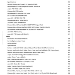 May include: A detailed page from a manual, featuring a table of contents with various mechanical procedures. The text includes terms like "PTO," "Clutch," and specific instructions for disassembly and assembly of components. Page number 7 is visible.
