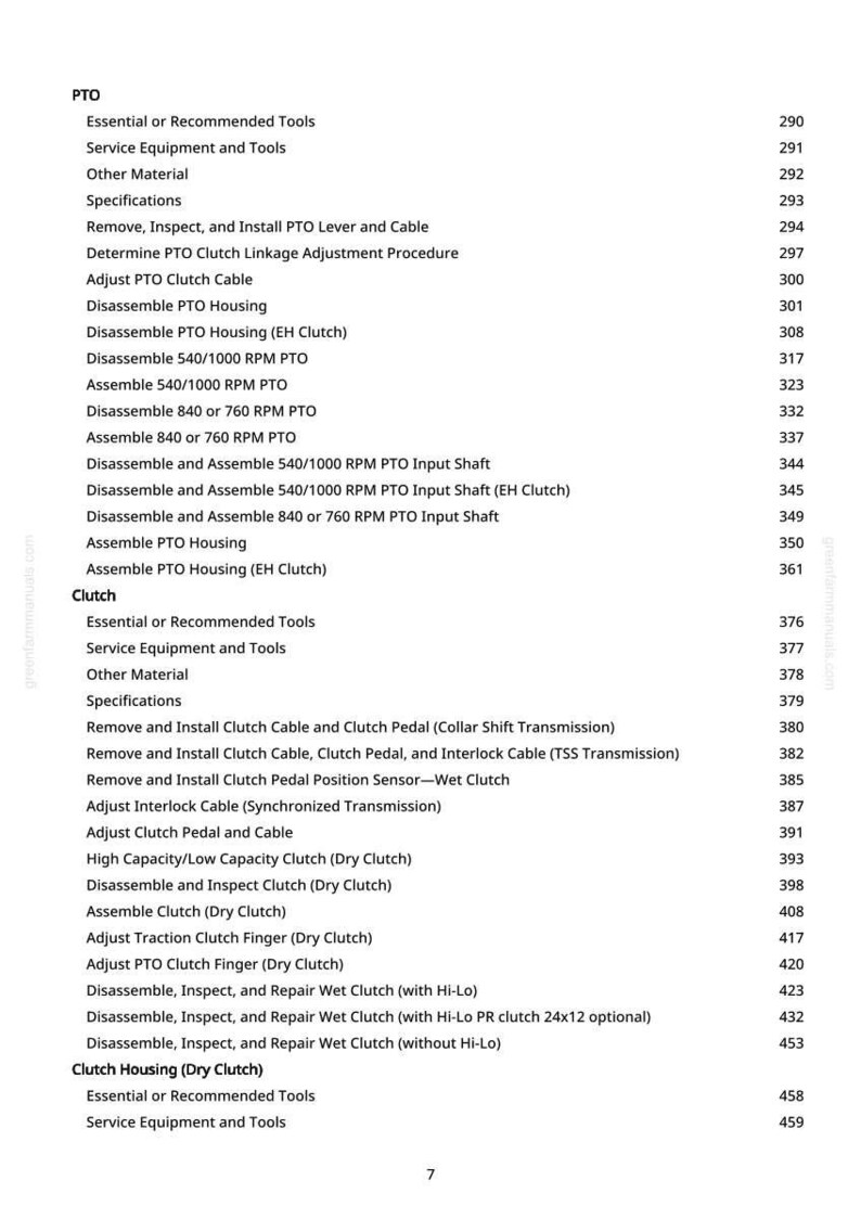 May include: A detailed page from a manual, featuring a table of contents with various mechanical procedures. The text includes terms like "PTO," "Clutch," and specific instructions for disassembly and assembly of components. Page number 7 is visible.