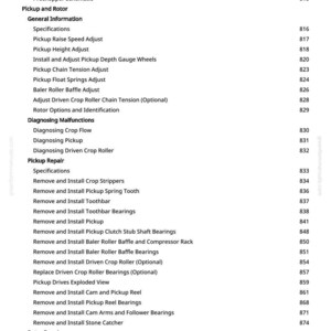 May include: A page from a manual with a table of contents for a prechopper and rotor. The text includes sections on diagnosing malfunctions, pickup repair, and rotor repair, with corresponding page numbers.