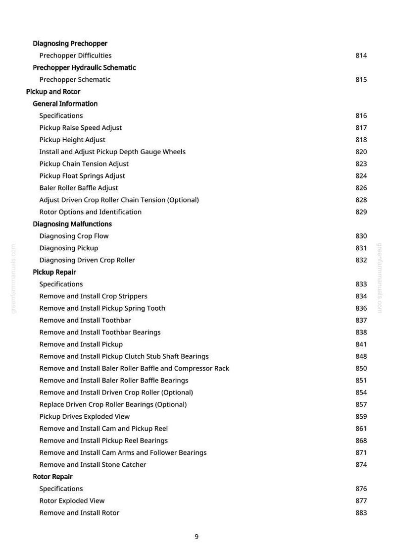 May include: A page from a manual with a table of contents for a prechopper and rotor. The text includes sections on diagnosing malfunctions, pickup repair, and rotor repair, with corresponding page numbers.