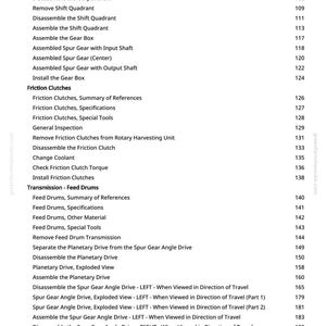 May include: A detailed page from a manual, featuring a table of contents with various mechanical terms like "Gear Box," "Friction Clutches," and "Feed Drums." The text is in black font on a white background, with page numbers.