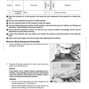 May include: A manual page detailing the removal and installation of work equipment assembly. The page features diagrams, instructions, and part numbers. The text is black on a white background, with measurements in metric units.