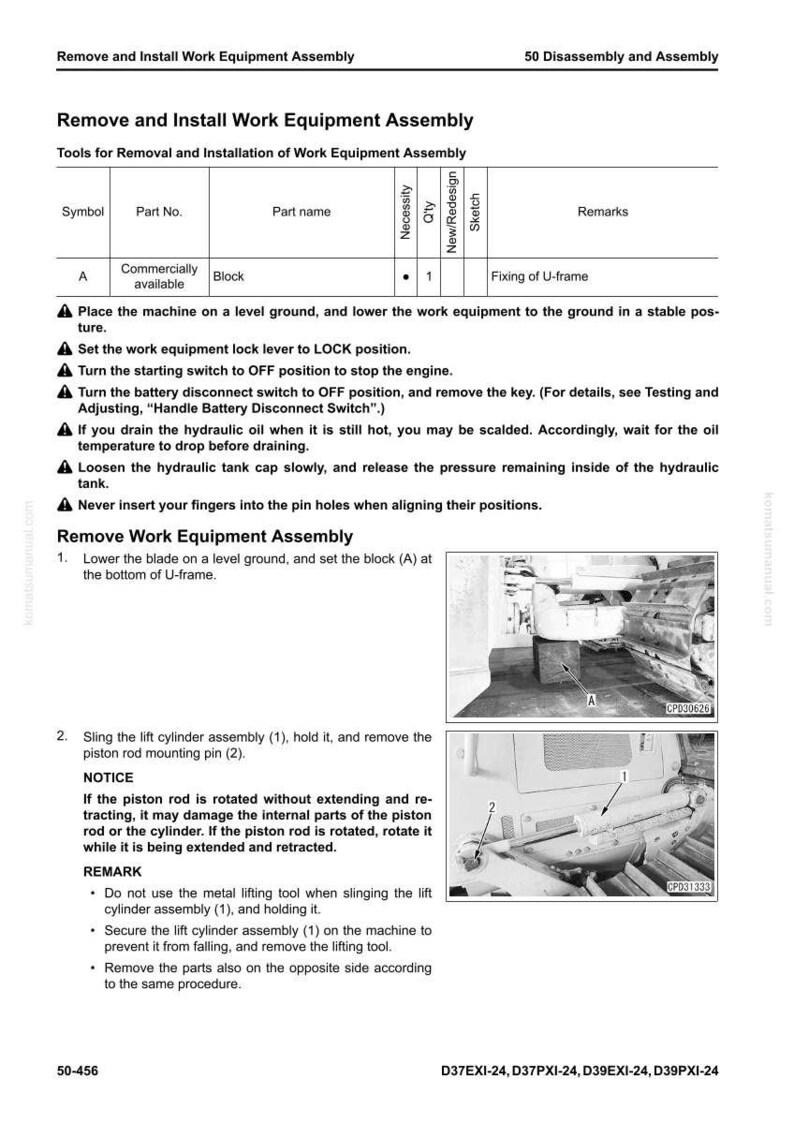 May include: A manual page detailing the removal and installation of work equipment assembly. The page features diagrams, instructions, and part numbers. The text is black on a white background, with measurements in metric units.