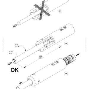 May include: Technical diagram of cylindrical mechanical components. The image shows three different configurations, with measurements in inches (converted to cm). The text "OK" is visible, along with the Komatsu logo and model information.