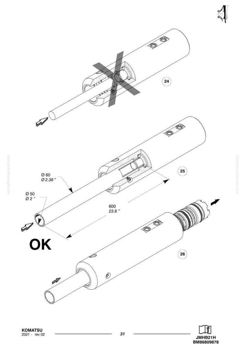 May include: Technical diagram of cylindrical mechanical components. The image shows three different configurations, with measurements in inches (converted to cm). The text "OK" is visible, along with the Komatsu logo and model information.