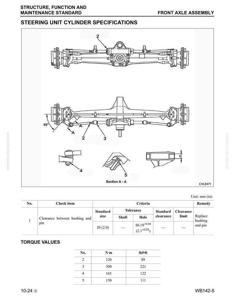 May include: Technical diagram of a front axle assembly, featuring steering unit cylinder specifications. The image includes detailed drawings and a table with measurements in mm and inches. Text provides torque values and clearance information.