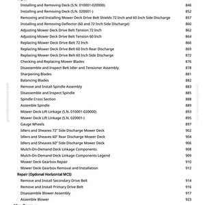 May include: A detailed list of mower repair and maintenance procedures, including belt adjustments, blade sharpening, and deck linkage components. The text is in black font on a white background.