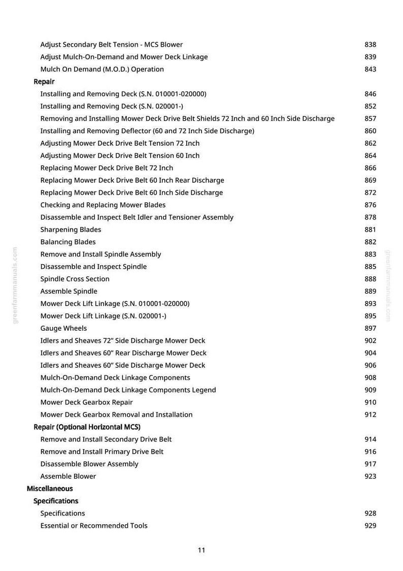 May include: A detailed list of mower repair and maintenance procedures, including belt adjustments, blade sharpening, and deck linkage components. The text is in black font on a white background.