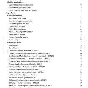 Pode incluir: Uma p&aacute;gina de manual com um &iacute;ndice detalhado. As se&ccedil;&otilde;es incluem Especifica&ccedil;&otilde;es da m&aacute;quina, Reparo do motor e Remover e instalar, com os n&uacute;meros de p&aacute;gina correspondentes.