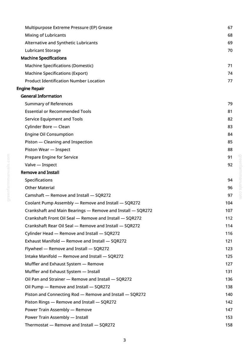 Pode incluir: Uma p&aacute;gina de manual com um &iacute;ndice detalhado. As se&ccedil;&otilde;es incluem Especifica&ccedil;&otilde;es da m&aacute;quina, Reparo do motor e Remover e instalar, com os n&uacute;meros de p&aacute;gina correspondentes.