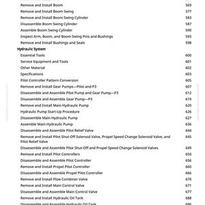 May include: A manual page detailing hydraulic system procedures. The text lists tasks such as 'Remove and Install Bucket Links' and 'Assemble Main Hydraulic Pump'. The page number is 9.