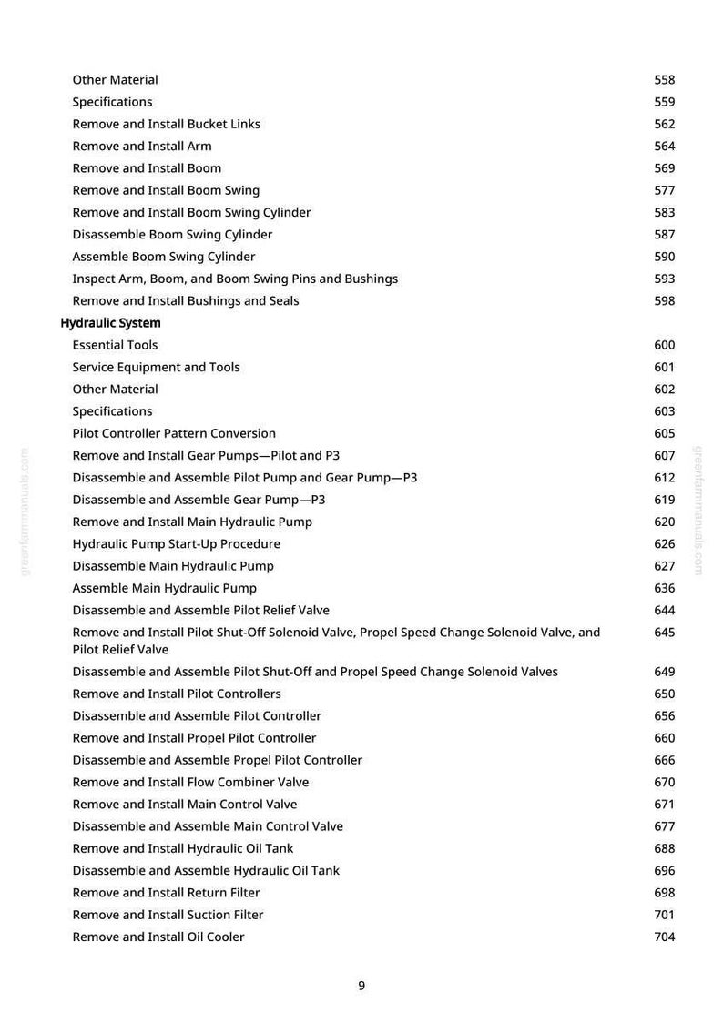 May include: A manual page detailing hydraulic system procedures. The text lists tasks such as 'Remove and Install Bucket Links' and 'Assemble Main Hydraulic Pump'. The page number is 9.