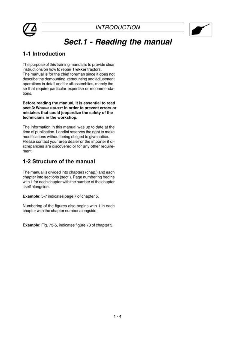 K&ouml;nnte beinhalten: Eine wei&szlig;e Manuellseite mit der &Uuml;berschrift &bdquo;INTRODUCTION&ldquo; und &bdquo;Sect. 1 - Reading the manual&ldquo;. Der Text beschreibt den Zweck, die Struktur und die Sicherheitshinweise des Handbuchs f&uuml;r Trekker-Traktoren. Enth&auml;lt Beispiele f&uuml;r die Seitennummerierung.