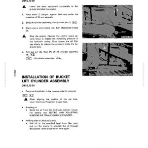 May include: A technical manual page detailing the removal and installation of a bucket lift cylinder assembly for a D31S, Q-20 model. Instructions include safety warnings, diagrams, and steps for the process. The assembly weighs 99.2 pounds.