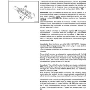 May include: Diagram of a Carraro safety code button, with labels for buttons 9, 10, and 12. The text describes the antitheft function, including entering a secret code using UP/DOWN buttons and confirming with button 12.