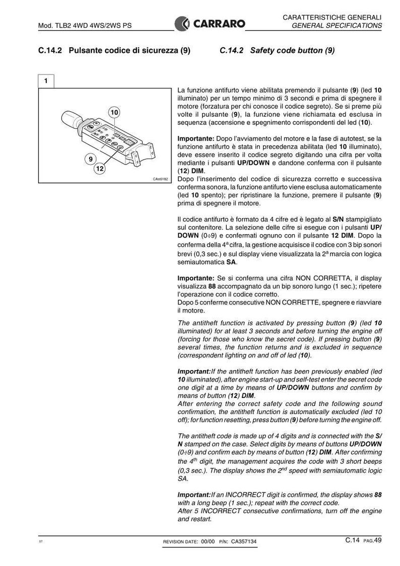 May include: Diagram of a Carraro safety code button, with labels for buttons 9, 10, and 12. The text describes the antitheft function, including entering a secret code using UP/DOWN buttons and confirming with button 12.