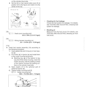 May include: Diagram of fuel injector assembly with labels and instructions for disassembly and assembly. Includes torque specifications for bolts and nuts in Newton-meters and kilogram-meters. Text includes instructions for checking fuel leakage and bleeding air.