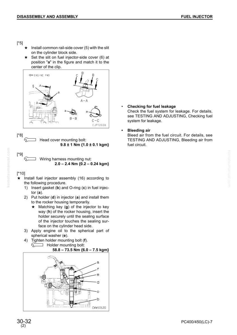 May include: Diagram of fuel injector assembly with labels and instructions for disassembly and assembly. Includes torque specifications for bolts and nuts in Newton-meters and kilogram-meters. Text includes instructions for checking fuel leakage and bleeding air.