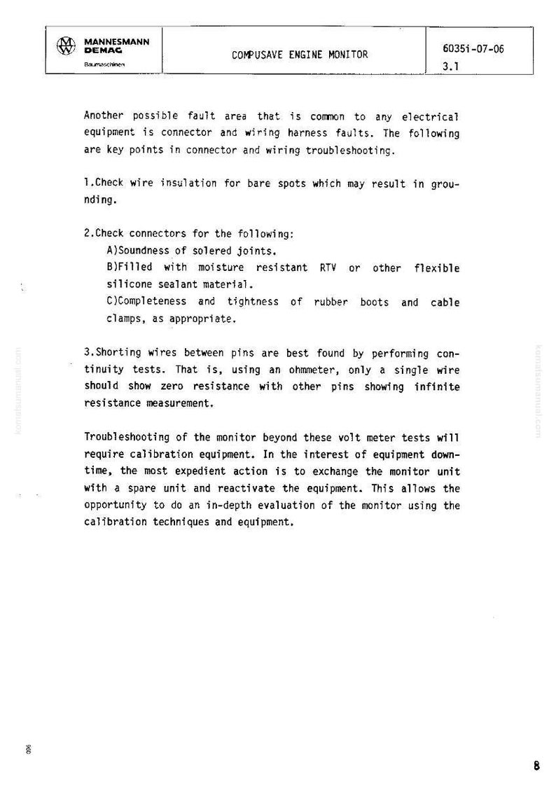 May include: A technical document featuring the "MANNESMANN DEMAG" logo and titled "COMPUSAVE ENGINE MONITOR." The document details troubleshooting steps for electrical equipment, including wire insulation and connector checks.