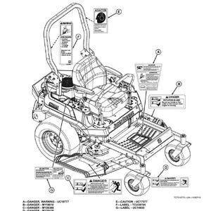 May include: Diagram of a John Deere riding lawn mower with safety label locations. The labels indicate warnings and dangers, including rotating blades and potential injury. The mower is shown in a detailed, technical illustration.