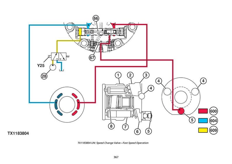 May include: Technical diagram of a speed change valve, featuring numbered components and connecting lines. The image includes the text "TX1183804-UN: Speed Change Valve&mdash;Fast Speed Operation". The background is white.