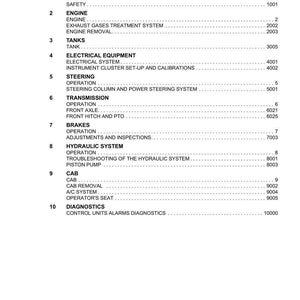 May include: A white document titled "TABLE OF CONTENTS" with a list of sections for a tractor, including "ENGINE", "BRAKES", and "DIAGNOSTICS". The document is from ARGO TRACTORS.