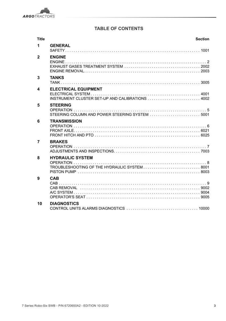 May include: A white document titled "TABLE OF CONTENTS" with a list of sections for a tractor, including "ENGINE", "BRAKES", and "DIAGNOSTICS". The document is from ARGO TRACTORS.