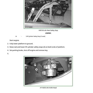 Op de afbeelding: Diagram van het verwijderen van de meskop van een machine. De afbeelding bevat gedetailleerde illustraties van de rolveiligheidsstop en de meskopelementen, met labels en instructies. Tekst bevat "Remove Knife Head" en "Lift Cylinder Safety Stop".