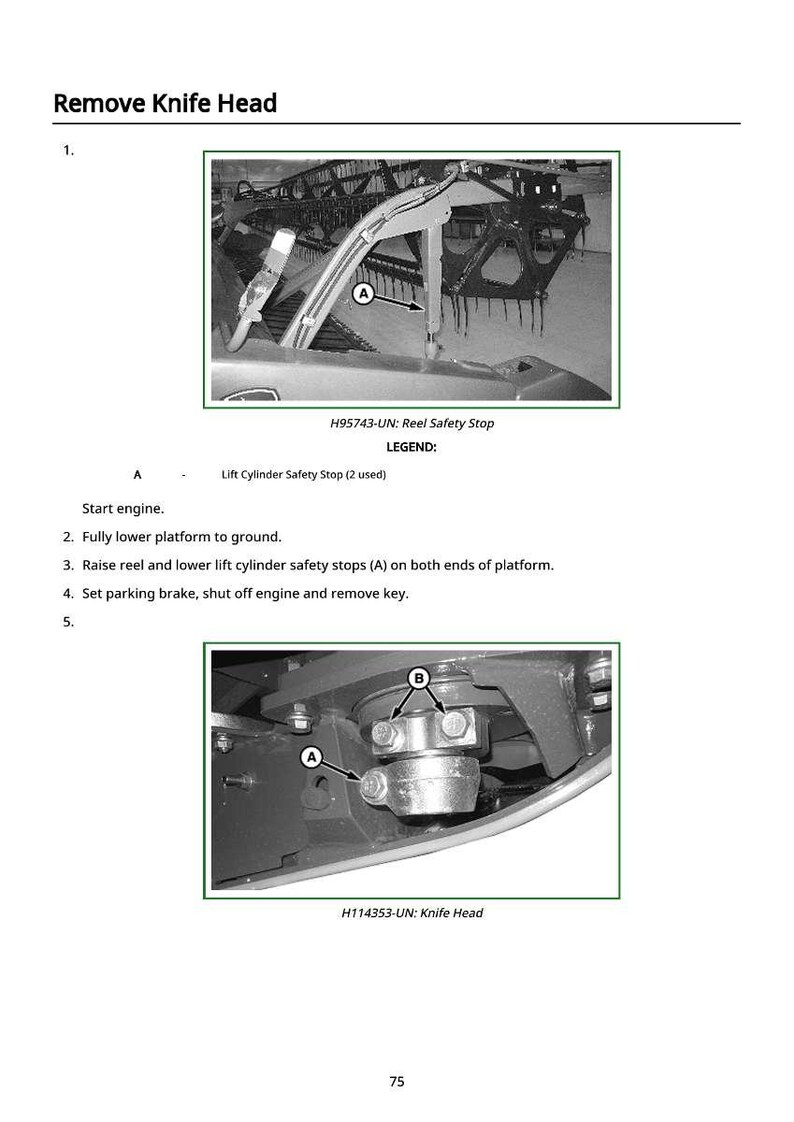 Op de afbeelding: Diagram van het verwijderen van de meskop van een machine. De afbeelding bevat gedetailleerde illustraties van de rolveiligheidsstop en de meskopelementen, met labels en instructies. Tekst bevat "Remove Knife Head" en "Lift Cylinder Safety Stop".