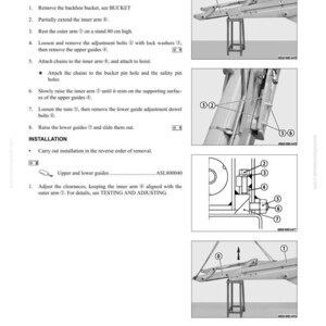 K&ouml;nnte beinhalten: Eine Seite aus einem Handbuch mit Anweisungen zum Aus- und Einbau von Innenarmf&uuml;hrungen f&uuml;r Baggerausr&uuml;stung. Die Seite enth&auml;lt Diagramme und nummerierte Anweisungen, mit Ma&szlig;en in Zentimetern.
