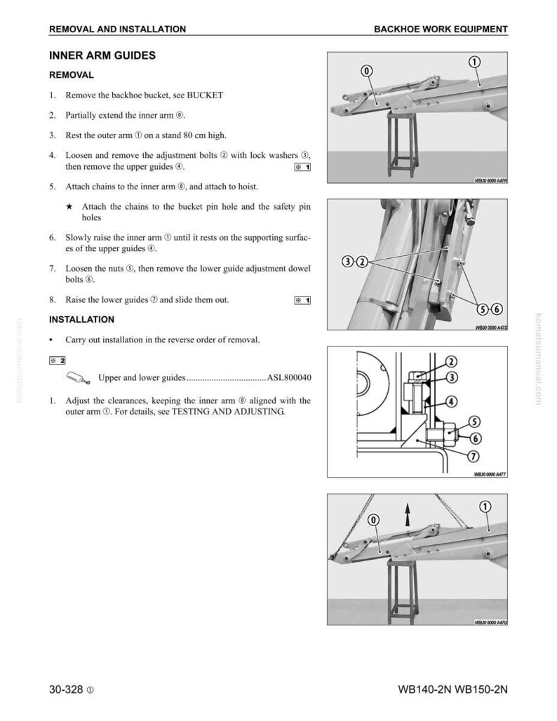 K&ouml;nnte beinhalten: Eine Seite aus einem Handbuch mit Anweisungen zum Aus- und Einbau von Innenarmf&uuml;hrungen f&uuml;r Baggerausr&uuml;stung. Die Seite enth&auml;lt Diagramme und nummerierte Anweisungen, mit Ma&szlig;en in Zentimetern.