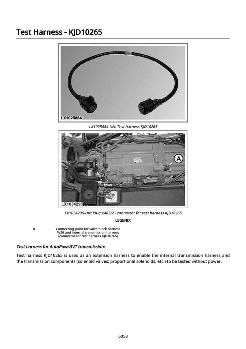 K&ouml;nnte beinhalten: Bild eines Testkabels mit der Bezeichnung "Test Harness - KJD10265". Das Bild zeigt ein schwarzes Kabel mit Anschl&uuml;ssen an jedem Ende und eine Nahaufnahme einer Motorkomponente. Der Text enth&auml;lt "LX1025884" und "LX1034296."