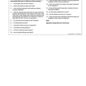 Op de afbeelding: Een wit document getiteld "Predelivery Inspection" met een lijst met controles en aanpassingen voor een machine. Het document bevat een checklist met genummerde items en ruimte voor een handtekening.