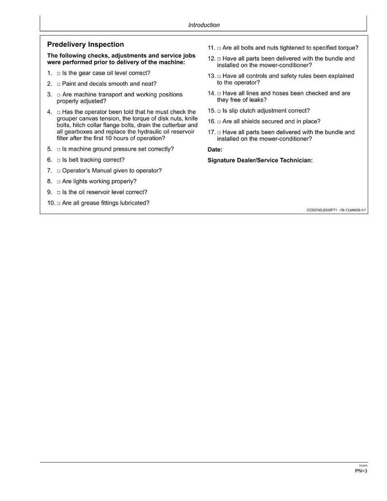 Op de afbeelding: Een wit document getiteld "Predelivery Inspection" met een lijst met controles en aanpassingen voor een machine. Het document bevat een checklist met genummerde items en ruimte voor een handtekening.