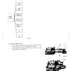 May include: Diagram of a ripper and blade control valve assembly, with labels and part numbers. Includes detailed illustrations of valve components and their arrangement. Text includes instructions for assembly and maintenance.