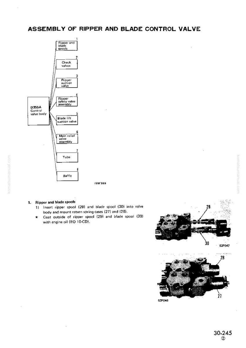 May include: Diagram of a ripper and blade control valve assembly, with labels and part numbers. Includes detailed illustrations of valve components and their arrangement. Text includes instructions for assembly and maintenance.