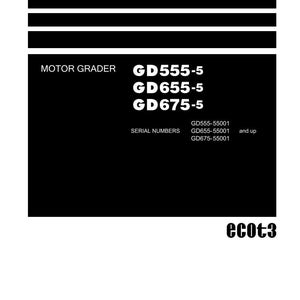 May include: A black and white shop manual cover with the text "Shop Manual" at the top. The manual includes information for motor graders GD555-5, GD655-5, and GD675-5, with serial numbers listed. The Komatsu logo is at the bottom.