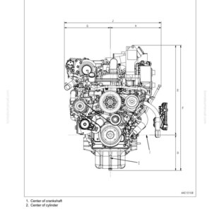 May include: Detailed diagram of an engine, labeled with dimensions and component identifiers. The image includes the text "Front side" and "The shape is subject to machine models."